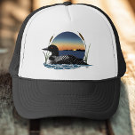 Loon Sunset Blue Trucker Hat<br><div class="desc">A loon on a lake with a sunset in behind and cattails in a backdrop of blue</div>