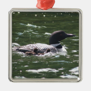 Loon With Babies 2 Metal Ornament