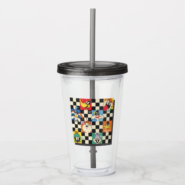 LOONEY TUNES™ Characters on Black & White Chequere Acrylic Tumbler (Front)