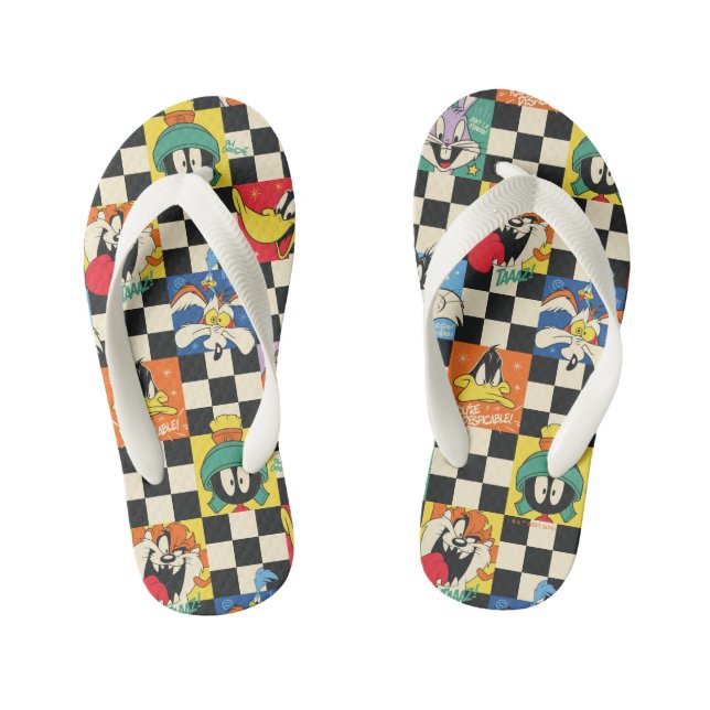 LOONEY TUNES™ Characters on Black & White Chequere Kid's Thongs (Footbed)