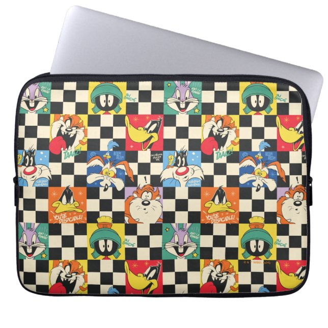 LOONEY TUNES™ Characters on Black & White Chequere Laptop Sleeve (Front)