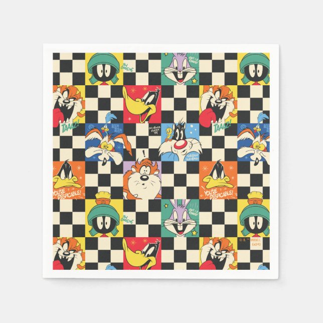 LOONEY TUNES™ Characters on Black & White Chequere Napkin (Front)