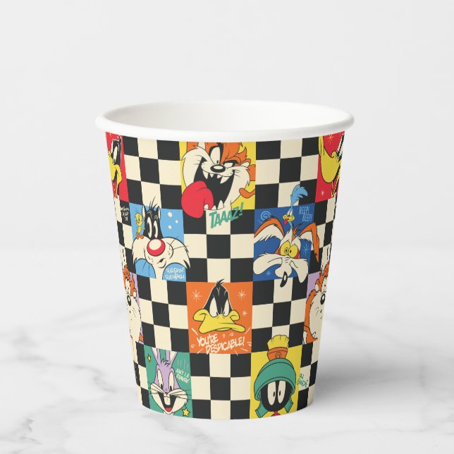 LOONEY TUNES™ Characters on Black & White Chequere Paper Cups (Front)