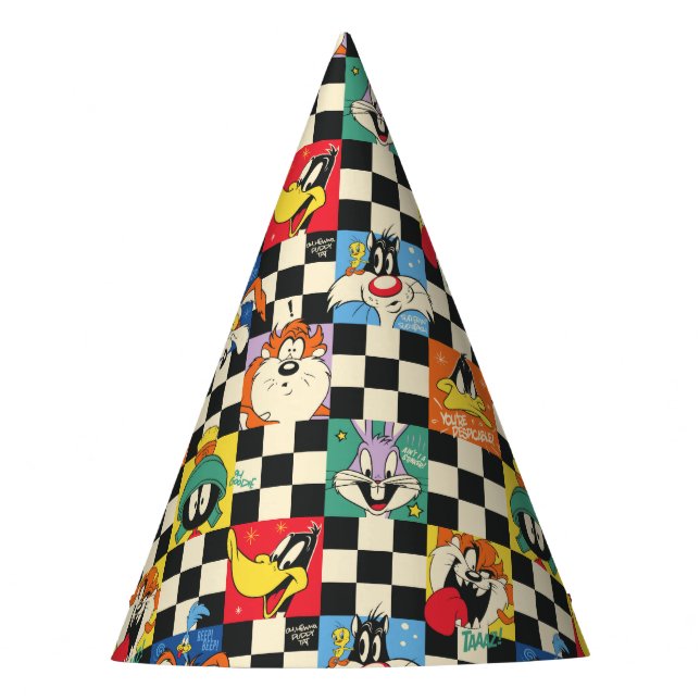 LOONEY TUNES™ Characters on Black & White Chequere Party Hat (Front)