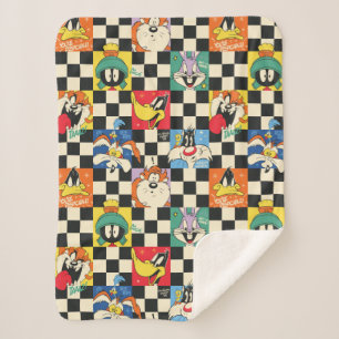 LOONEY TUNES™ Characters on Black & White Chequere Sherpa Blanket