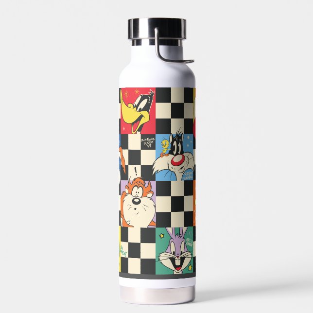 LOONEY TUNES™ Characters on Black & White Chequere Water Bottle (Left)