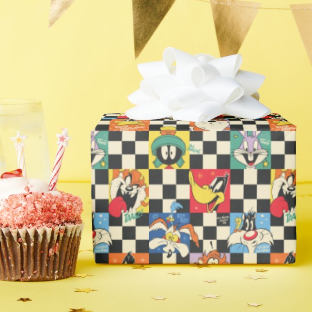 LOONEY TUNES™ Characters on Black & White Chequere Wrapping Paper (Birthday Party)