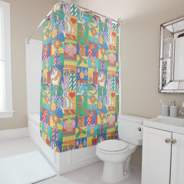 LOONEY TUNES™ | Happy Holidays Christmas Pattern Shower Curtain (In Situ)