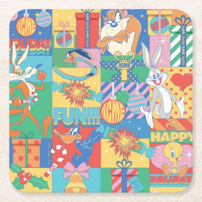 LOONEY TUNES™ | Happy Holidays Christmas Pattern Square Paper Coaster (Front)