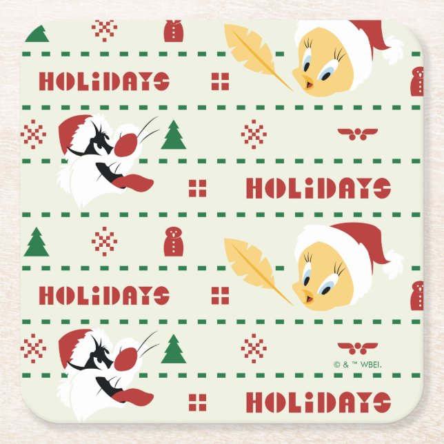 LOONEY TUNES™ SYLVESTER™ & TWEETY™ Holiday Pattern Square Paper Coaster (Front)