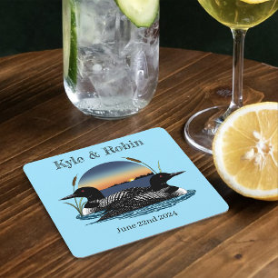 Loons Sunset Blue Square Paper Coaster