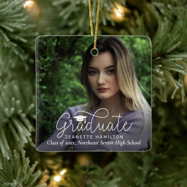 Loose Script Double Sided Photo Graduation Ceramic Ornament (Tree)