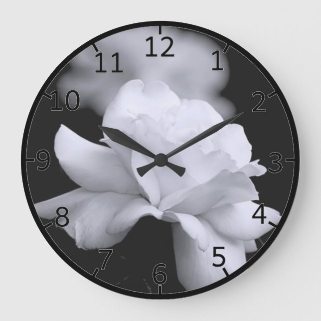 Loose White Leaf Rose On Black Background Large Clock (Front)