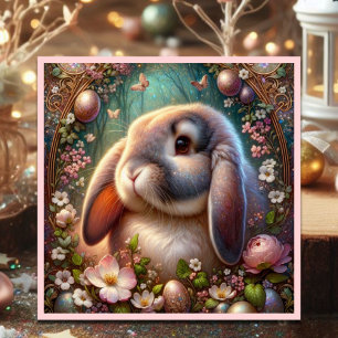 Lop Eared Bunny Whimsical Floral Easter Holiday Card