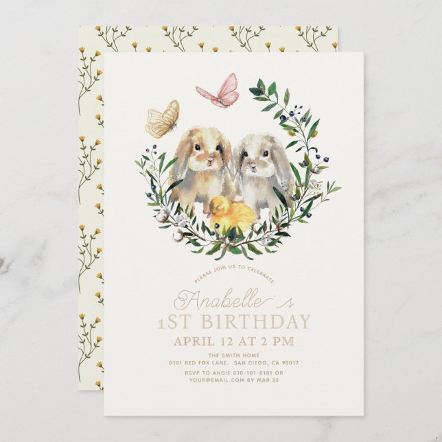 Lop Rabbit Bunny Chick Butterfly 1st Birthday Invitation (Front/Back)
