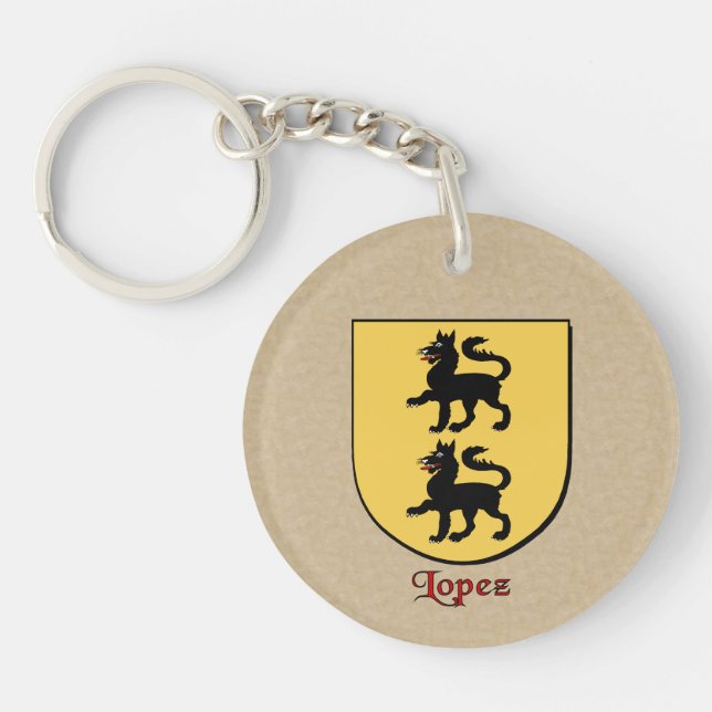 Lopez Historical Shield with Flag of Spain Key Ring (Front)