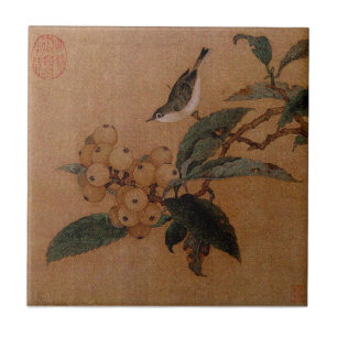Loquats and bird vintage art tile