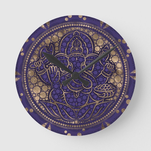 Lord Ganesha Dot Art Purples and Gold Round Clock (Front)