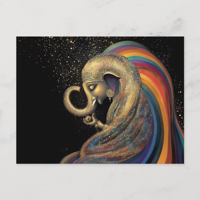 Lord Ganesha Rainbow Gold Black Art Postcard (Front)