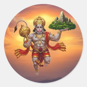 Lord Hanuman Flying Lifting Mountain Classic Round Sticker