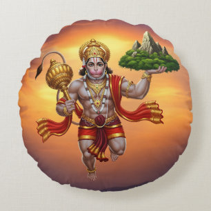 Lord Hanuman Flying Lifting Mountain Round Cushion