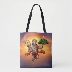 Lord Hanuman Flying Lifting Mountain Tote Bag