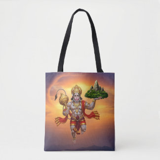 Lord Hanuman Flying Lifting Mountain Tote Bag