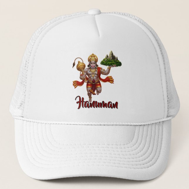 Lord Hanuman Flying Lifting Mountain Trucker Hat (Front)