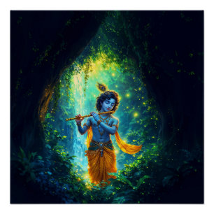 Lord Krishna in Vrindavan, Illustration Art Poster