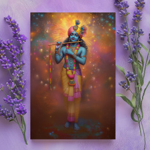 Lord Krishna Pastel Rainbow Fireworks Hindu Art Postcard
