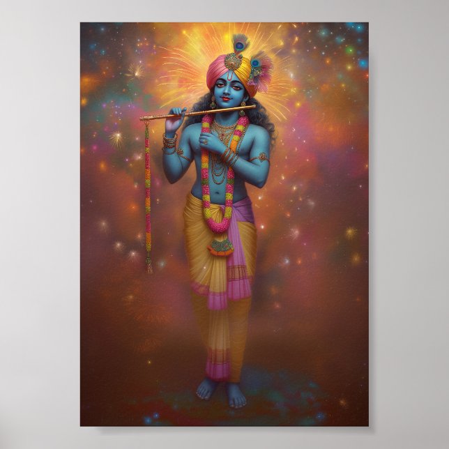 Lord Krishna Pastel Rainbow Fireworks Hindu Art Poster (Front)