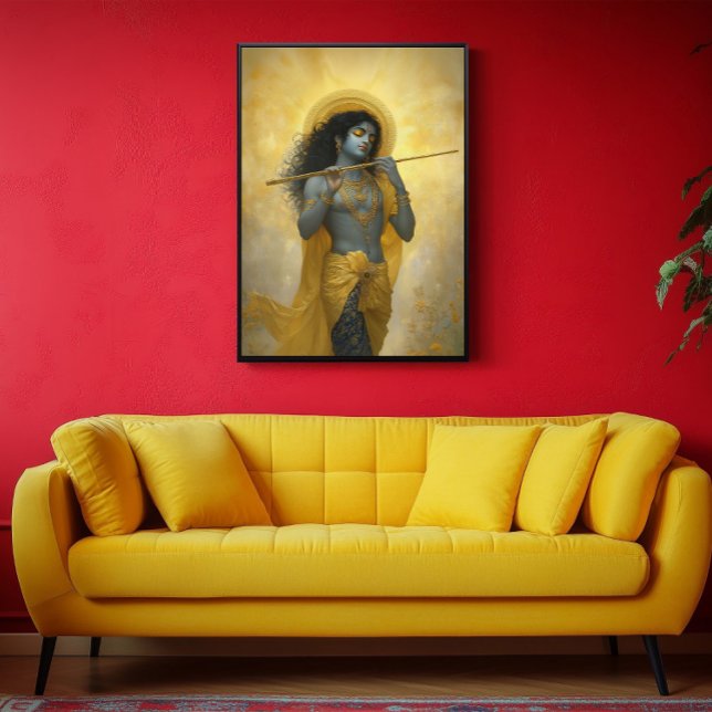 Lord Krishna Playing The Flute Golden Yellow Art Poster (Creator Uploaded)