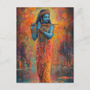 Lord Krishna playing the Flute Orange Blue Art  Postcard