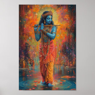 Lord Krishna playing the Flute Orange Blue Art  Poster