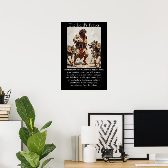 Lord's Prayer Good Shepherd Delivering Lamb Wolves Poster (Home Office)