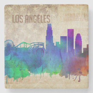 Los Angeles, CA Watercolor City Skyline Stone Coaster