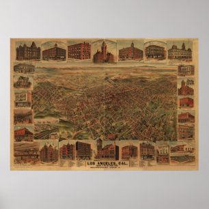 Los Angeles California 1891 Antique Panoramic Map Poster