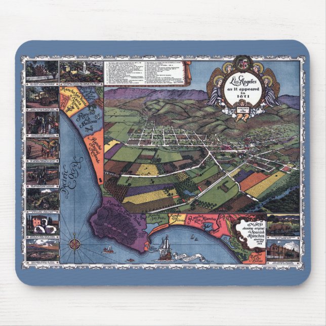Los Angeles, California, Antique Aerial City Map Mouse Pad (Front)