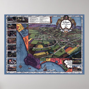 Los Angeles, California, Antique Aerial City Map Poster