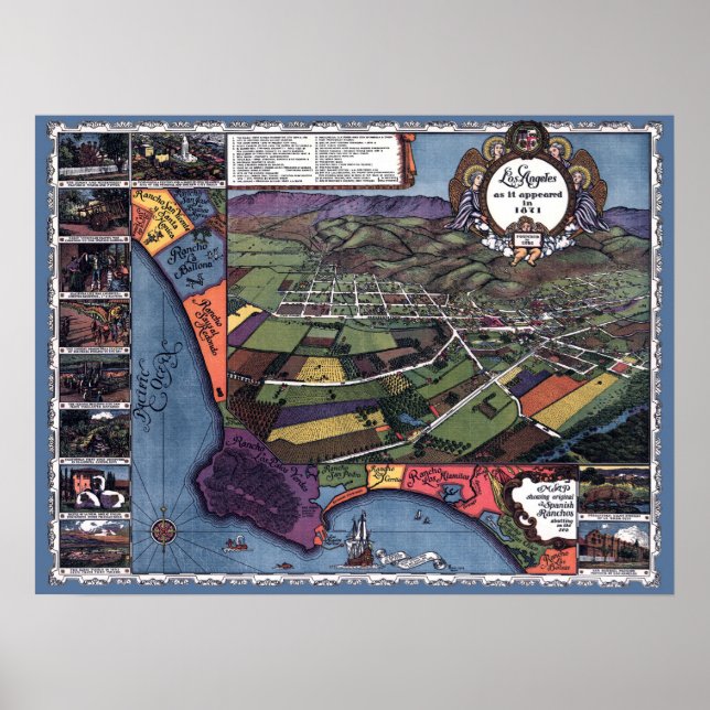 Los Angeles, California, Antique Aerial City Map Poster (Front)
