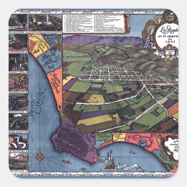 Los Angeles, California, Antique Aerial City Map Square Sticker (Front)