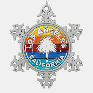 Los Angeles California Beach Palm Tree Surf Sun Snowflake Pewter Christmas Ornament
