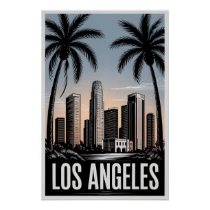 Los Angeles California Black White Woodcut Poster