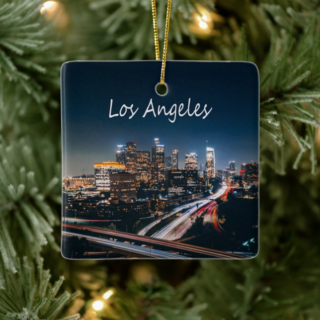 Los Angeles California City Skyline at night Ceramic Ornament (Tree)