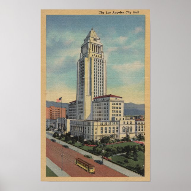 Los Angeles, CAView of City Hall and Cable Car Poster (Front)