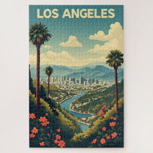 Los Angeles Palm Trees Skyline Mountain View Jigsaw Puzzle