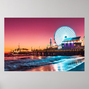 Los Angeles Pink & Blue Ferris Wheel Beach Sunset Poster