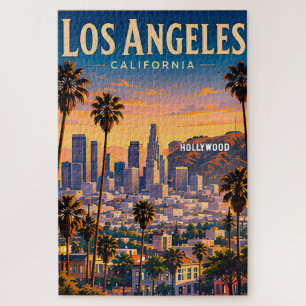 Los Angeles Skyline and Hollywood Hills Retro Jigsaw Puzzle