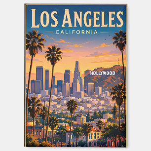 Los Angeles Skyline and Hollywood Hills Retro Magnet