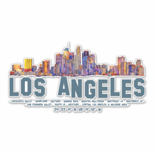 Los Angeles Skyline. Area Names and Coordinates (Front)